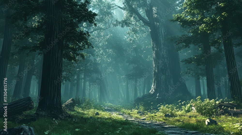Obraz premium Sunbeams illuminate a mystical forest path.
