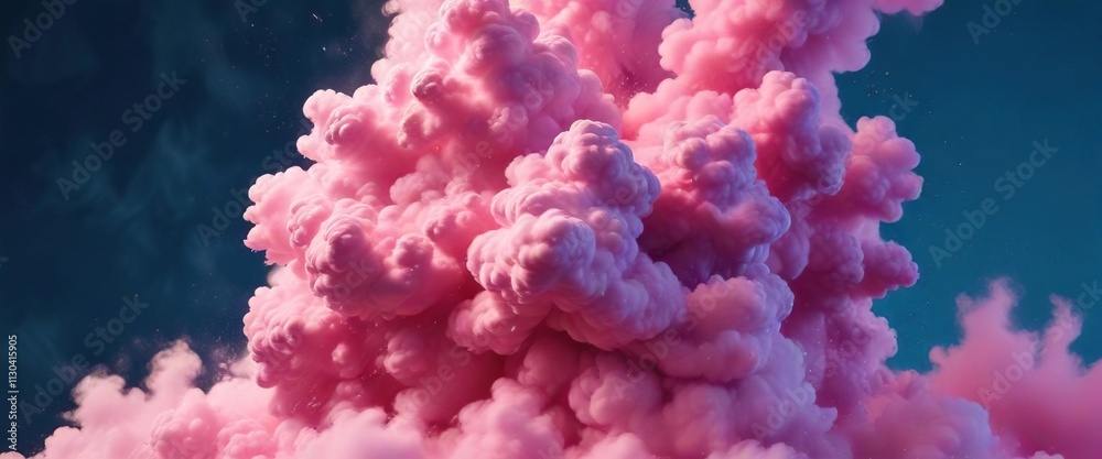 Fototapeta premium Intense blue background with a massive cloud of colorful smoke exploding with pink particles drifting upwards, explosive motion, smoky atmosphere, air effect