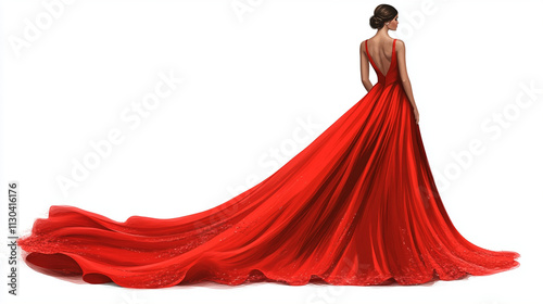 Elegant woman wearing a flowing red gown with a long train showcases timeless fashion design