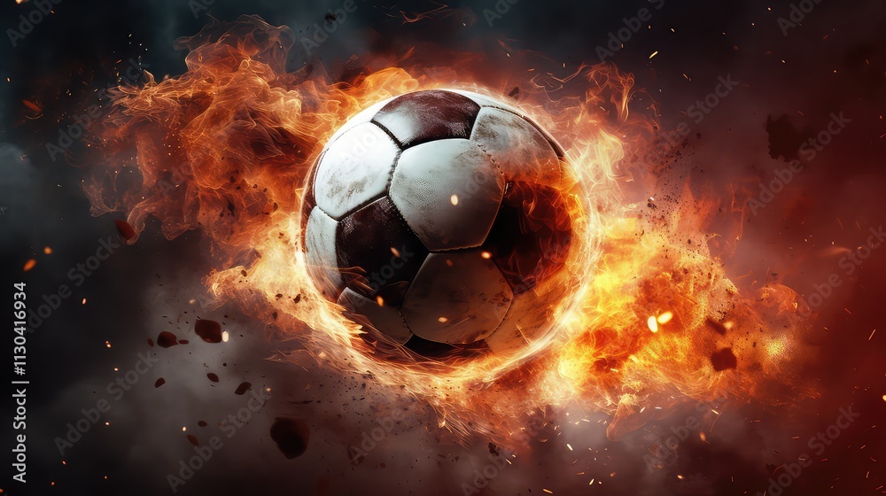 Fototapeta premium A soccer ball is surrounded by fire and debris