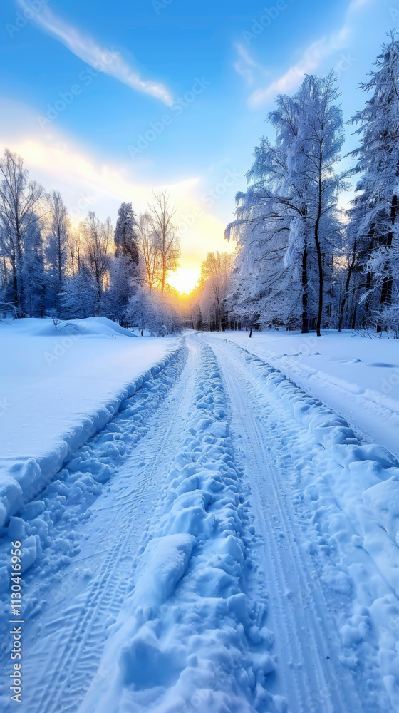 Obraz premium Scenic winter landscape featuring a snow-covered path at sunset in a tranquil forest