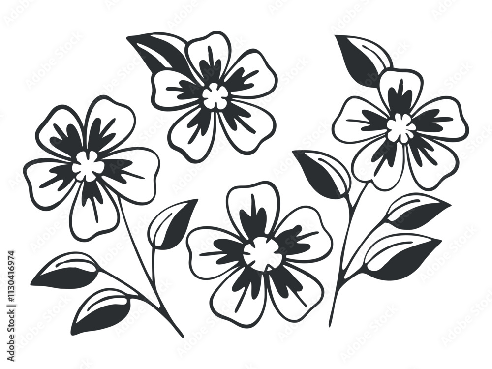 Obraz premium A set of artistic, black, and white floral illustrations featuring minimalistic and abstract designs, showcasing various flowers and leaves arranged uniquely on a white background.
