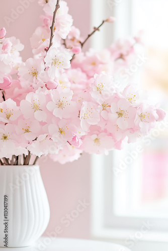 Delicate pink cherry blossoms radiate beauty in a minimalist vase, enhancing the tranquility of a pastel-hued space