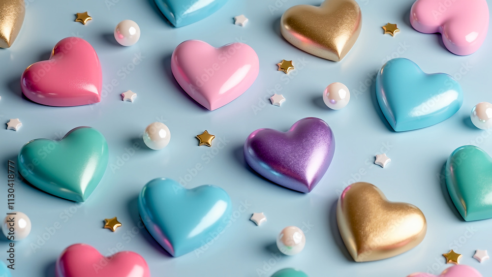 Fototapeta premium Colorful glossy hearts and decorative elements
