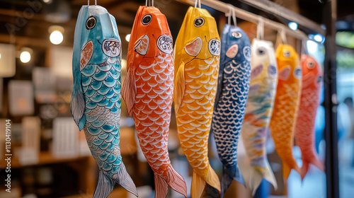 Colorful decorative fish hang in a shop showcasing traditional crafts and cultural art. Generative AI
