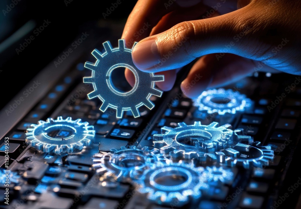 Obraz premium Hand Adjusts Transparent Gear on Keyboard in Digital Workspace