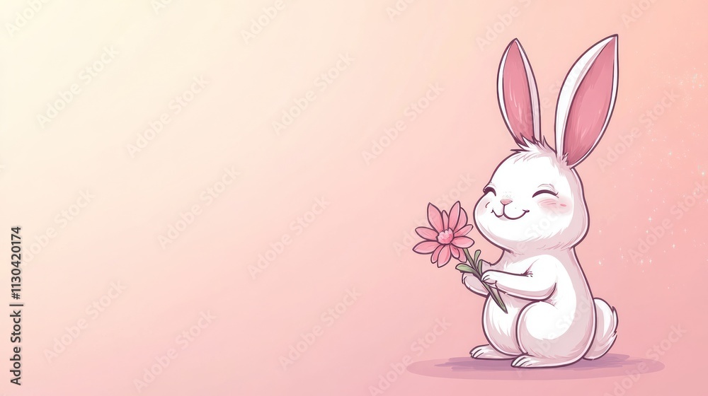 Fototapeta premium Happy White Rabbit Holding Pink Flower