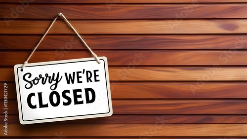 Sorry we're closed sign board on wooden background with empty copy space. Perfect for marketing, business, retail store, office.