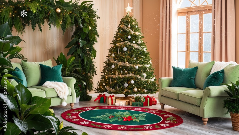 Obraz premium Cozy modern home living room interior with christmas tree 