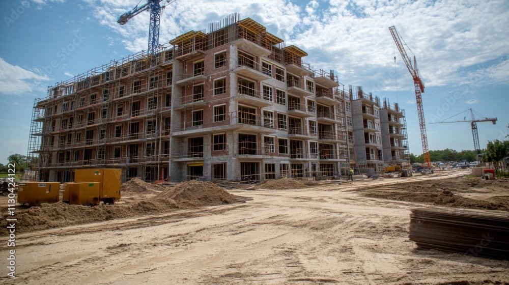 Fototapeta premium Construction site with workers and cranes during summer