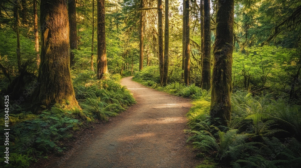 Obraz premium Sunlit forest path winding through lush greenery.