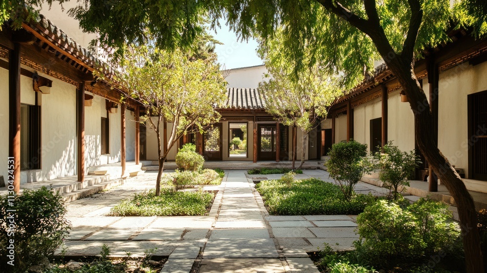 Obraz premium A serene traditional courtyard with lush trees, pathways, and symmetrical architecture, evoking a sense of peace and balance in an East Asian style garden.