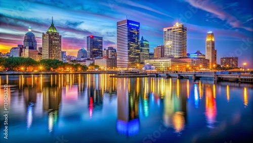 Stunning Panorama of Milwaukee at Night Featuring Illuminated Skyline and Reflections on Water - A Breathtaking View of Milwaukee, Wisconsin's Urban Landscape After Dark