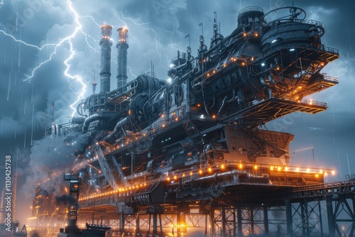 Gigantic Steampunk Vessel During a Thunderstorm