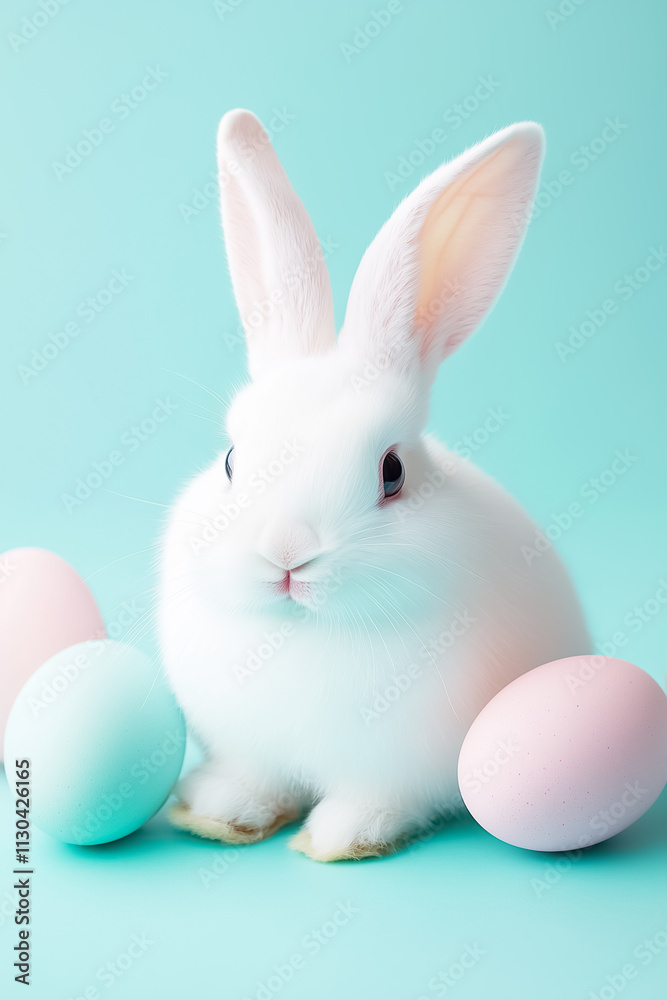 Obraz premium A fluffy white bunny sits gracefully between three colorful eggs, capturing the essence of spring festivities and joy
