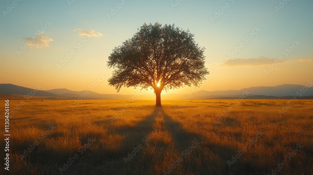 Fototapeta premium Solitary tree silhouetted against a vibrant sunset over a golden field.