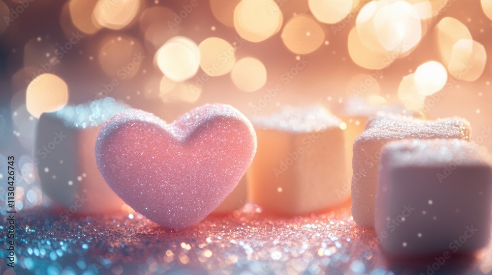 Fototapeta premium Sparkling Sweet Heart Among Marshmallows on a Dreamy Background