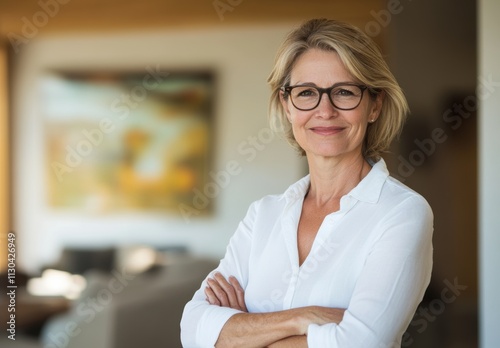 Free Download Confident Mature Woman Smiling Indoors in Modern Setting - GFXLoad
