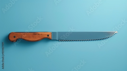 A folding saw with a locked blade on a solid blue background.