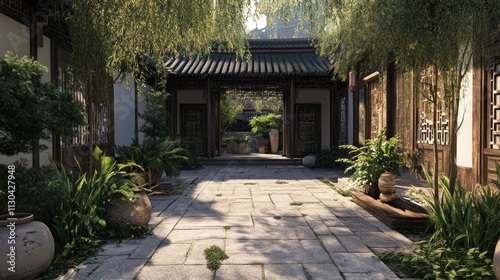 A serene traditional Chinese courtyard with lush greenery, stone pathway, wooden doors, and hanging willows, invoking tranquility and connection with nature.