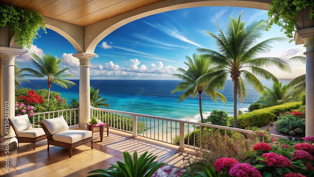 Fototapeta premium Stunning View from a Luxury Villa Balcony Overlooking the Ocean with Lush Tropical Plants, Ideal for Relaxation and Vacation Inspiration, Perfect for Travel and Architecture Photography