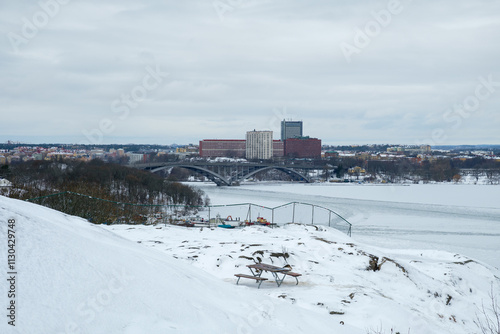 Winter view of Stockholm's frozen landscape and city skyline with snow-covered park