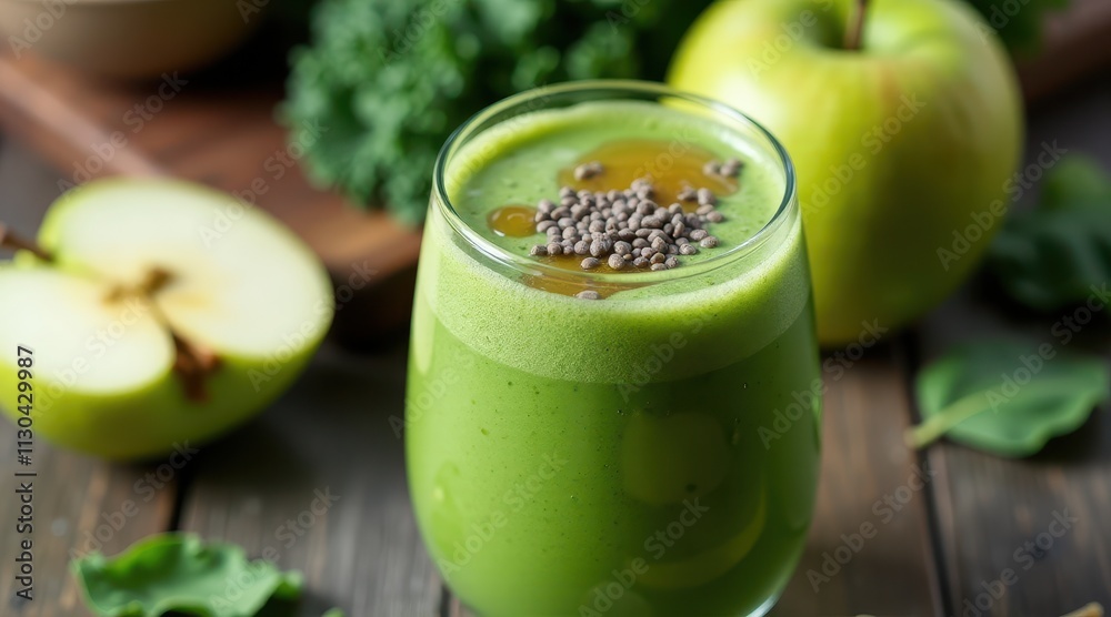 A refreshing green smoothie topped with chia seeds sits surrounded by fresh apples and kale on a rustic wooden table A refreshing green smoothie topped with chia seeds sits surrounded by fresh apples and kale on a rustic wooden table