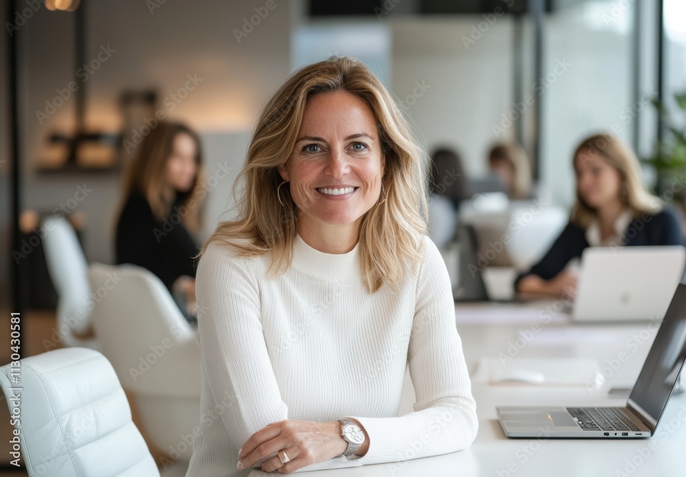 Obraz premium Professional Woman in Modern Office Smiling at Camera with Colleagues