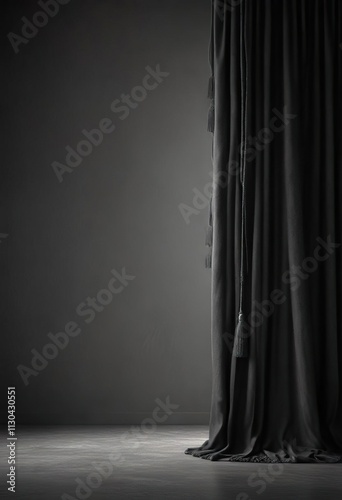 Dramatic dark gray curtain with a long flowing tassel, dark gray, decor, tassel