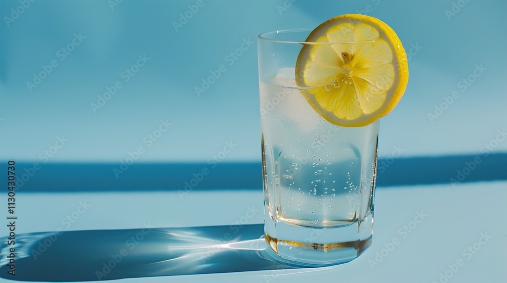 A glass of lemonade with a lemon slice on the rim on a solid light blue background.