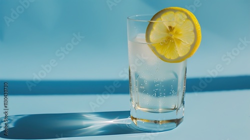 Obraz na płótnie A glass of lemonade with a lemon slice on the rim on a solid light blue background. w salonie