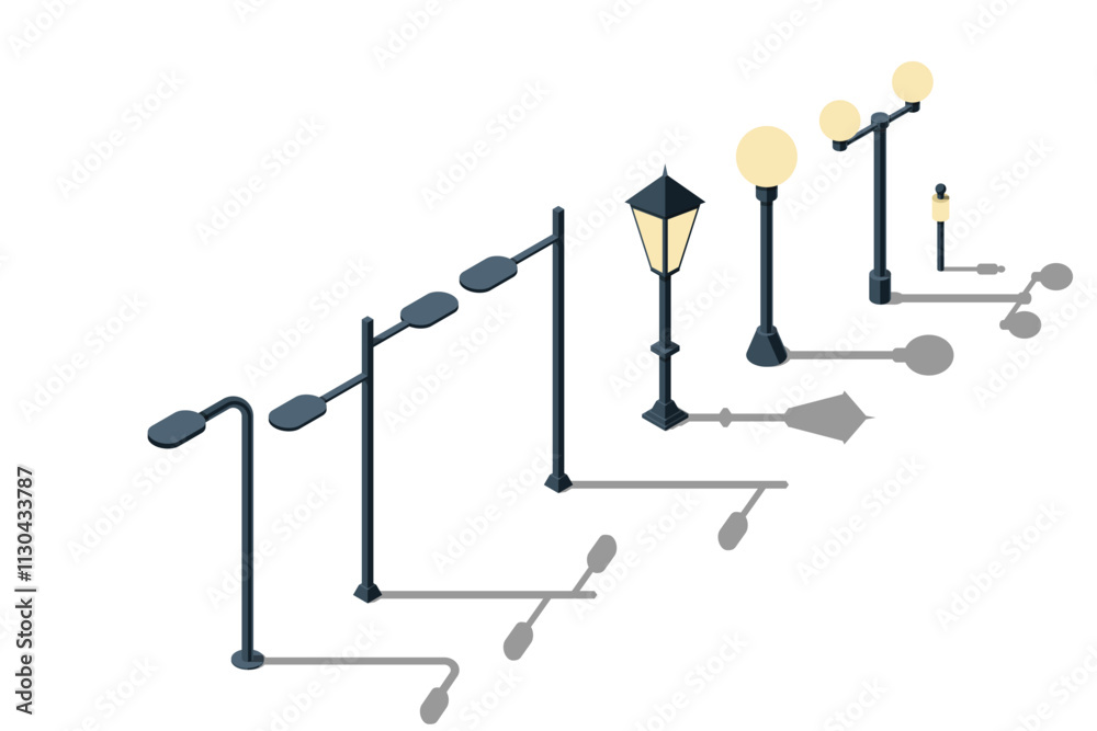 Set of light lamp pillar. Isometric street light. Isometric icon of a park light. Light pillar icon. Isometric outdoor lighting