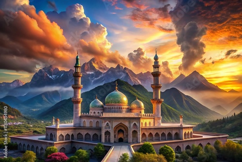 Surreal Mosque with Majestic Mountain Backdrop Under a Dreamy Sky Capturing the Essence of Serenity and Spirituality in Nature's Grandeur photo