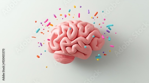 Pink Brain Model Surrounded by Colorful Shapes