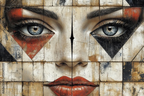 A striking close-up of a woman's face with captivating blue eyes and bold red lips, featuring geometric patterns and a distressed texture.