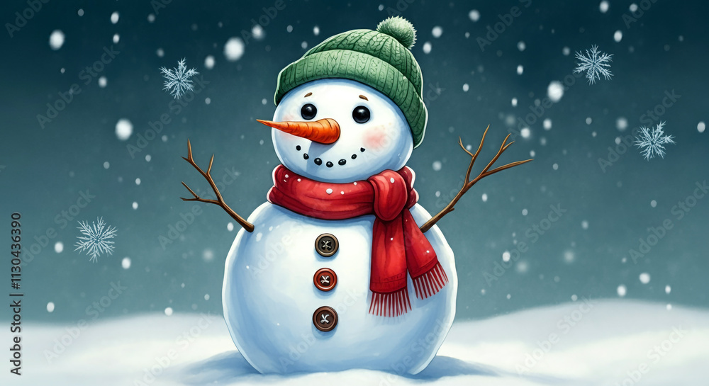 Fototapeta premium A smiling snowman wearing a green hat and red scarf, standing in a snowy field with falling snowflakes