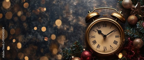 Vintage alarm clock on christmas festive background- new year's eve concept. Put them on the of picture- space for text photo