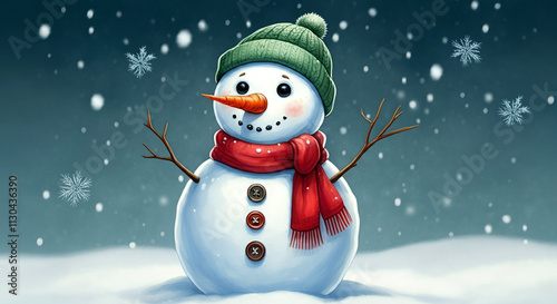 A smiling snowman wearing a...