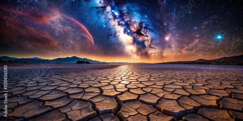 Surreal Scene of Cracked Drought Ground Beneath a Colorful Milky Way Sky, Capturing the Stark Contrast of Lifeless Earth and Vibrant Cosmos in a Dreamlike Landscape