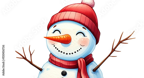 A close-up of a smiling snowman in a red hat and scarf, with rosy cheeks and a carrot nose, radiating holiday warmth photo