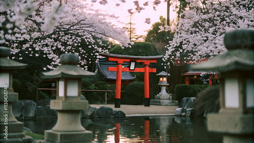 A tranquil Japanese shrine surrounded by cherry blossoms in full bloom, creating a serene and picturesque scene.