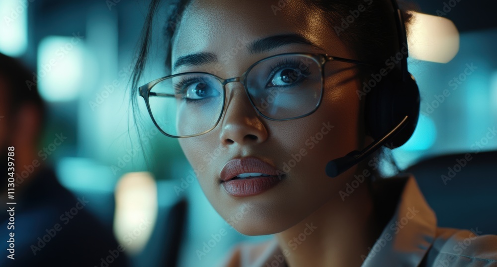 Focused Young Woman in Headset Working in Modern Office Environment Focused Young Woman in Headset Working in Modern Office Environment