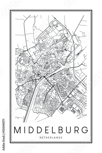 Printable downtown road map poster of the Dutch city of MIDDELBURG on solid white background with city name