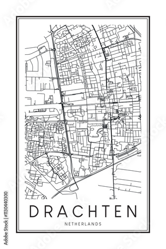 Printable downtown road map poster of the Dutch city of DRACHTEN on solid white background with city name photo