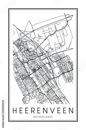 Printable downtown road map poster of the Dutch city of HEERENVEEN on solid white background with city name