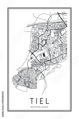 Printable downtown road map poster of the Dutch city of TIEL on solid white background with city name