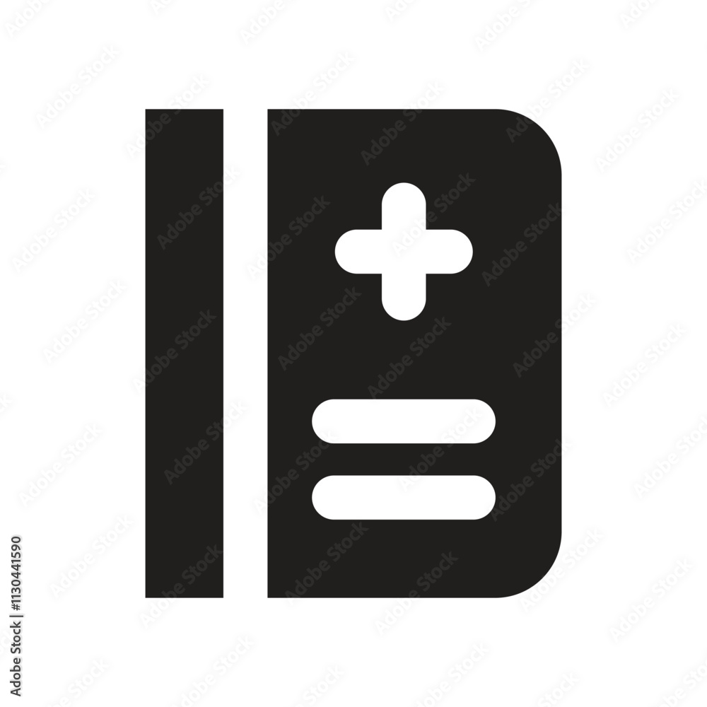 Obraz premium Medical record icon: white book with plus and equals symbols.