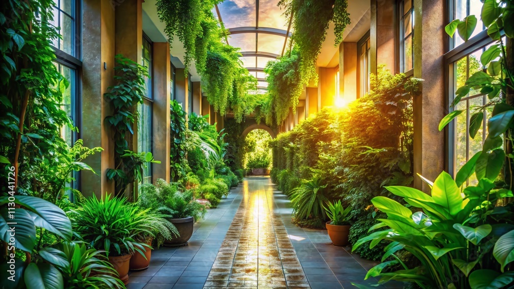Fototapeta premium Tranquil Nature Inside a Building: Low Light Photography of a Serene Corridor Adorned with Lush Foliage and Natural Elements, Creating a Harmonious Indoor Oasis