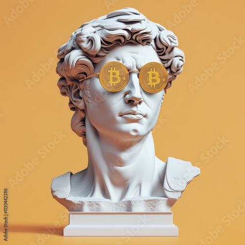 Classical Sculpture Bust with Bitcoin Glasses Concept: Cryptocurrency and Art Fusion