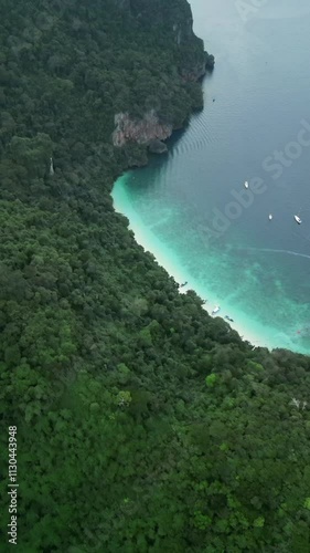 Beautiful drone video of Monkey Beach in Koh Phi Phi Don in Thailand.